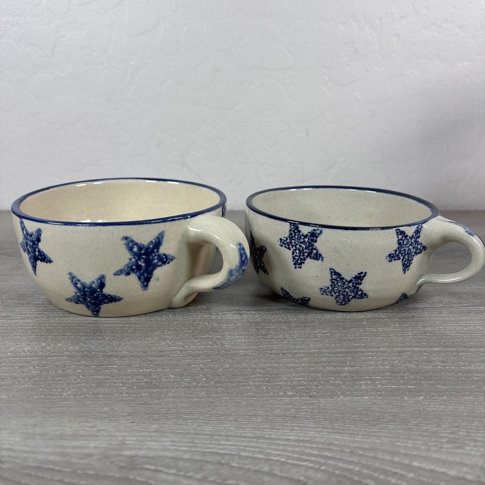 Marshall Pottery Texas Blue Star Stoneware Soup Mugs Set of 2 Signed Handcrafted